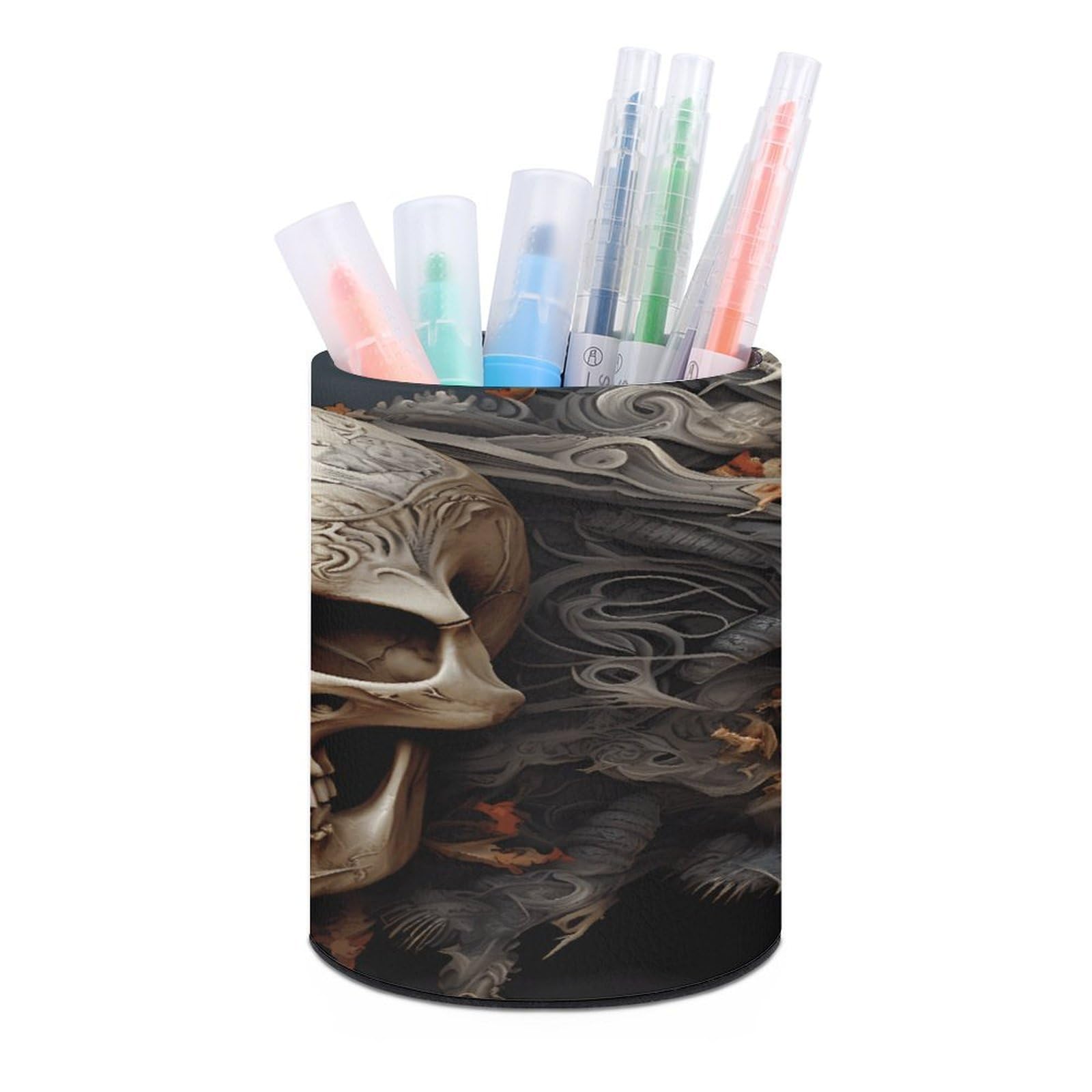VstaDank Skulls Pen Holder PU Leather Pencil Cup Minimalist Desk Pencil Holder Round Make Up Brush Organizers For Office Dorm Room&Vanity Desk Accessories