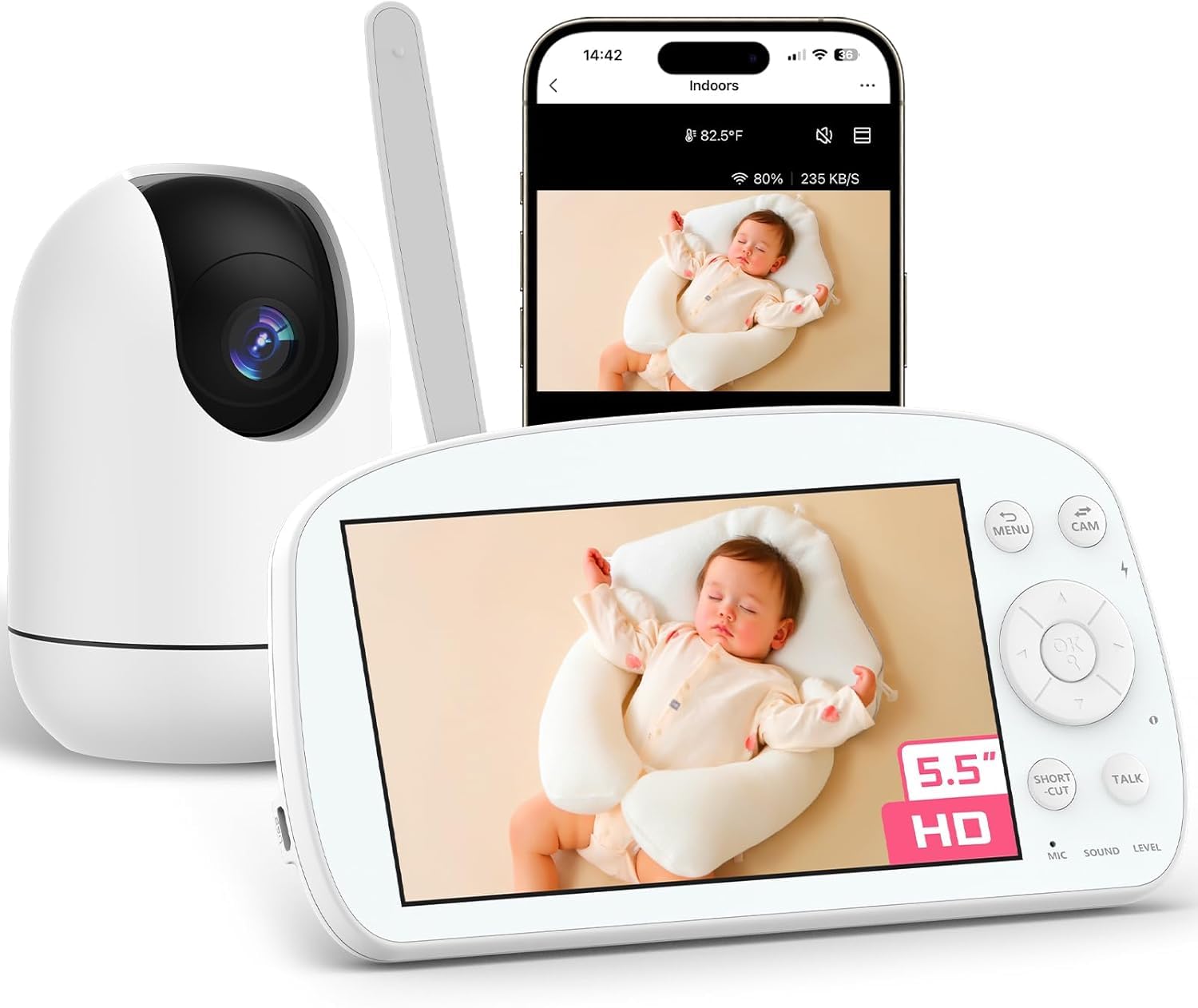 Smart WiFi Baby Monitor with Camera and Audio, 5.5” 1080P Wall-Mountable Display, 360° Pan &amp; Tilt, HD Night Vision, Soothing Music, Multi-User Support, Two-Way Talk, Temperature &amp; Motion Detection