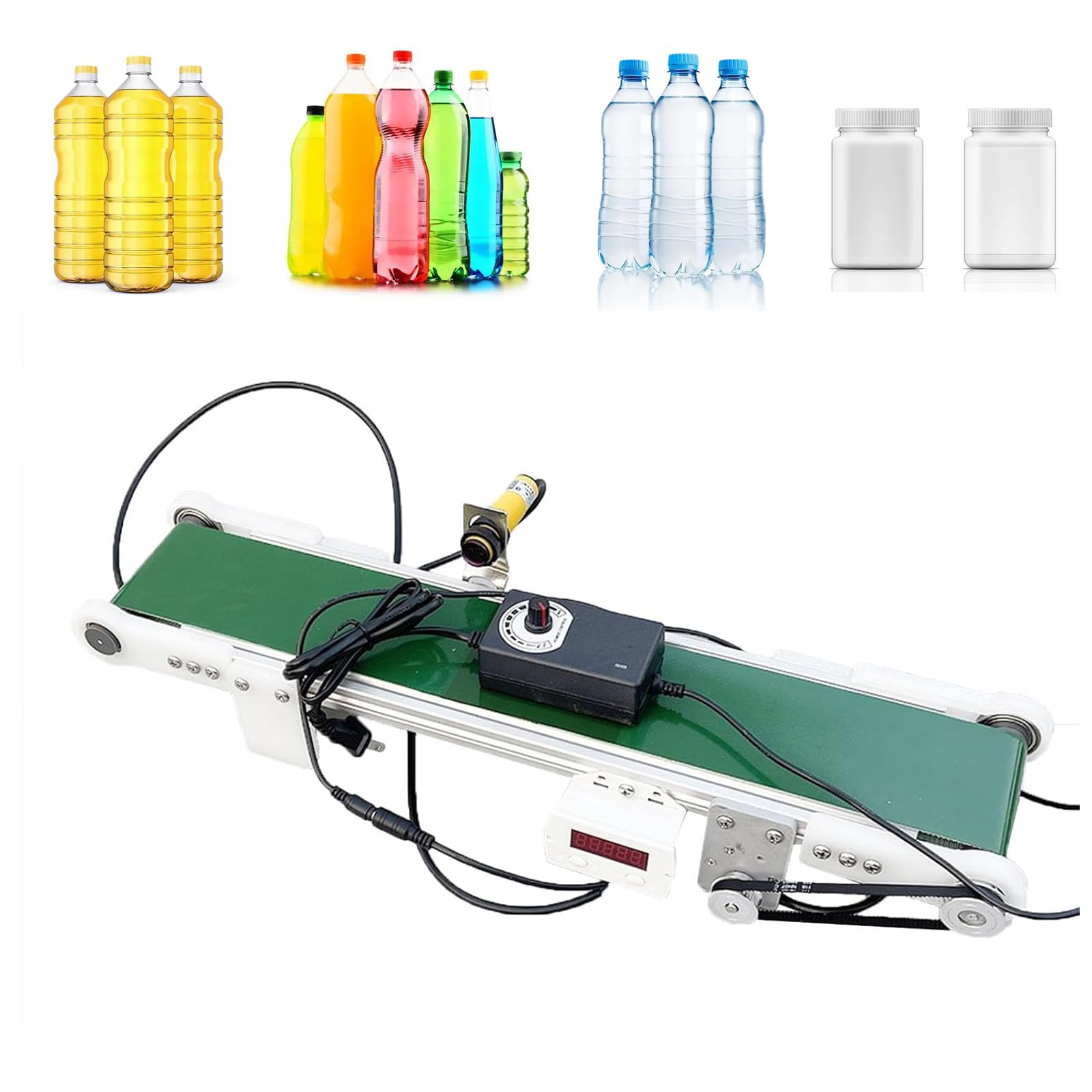 Mini elektryczny przenośnik taśmowy, konstrukcja PCW 150 cm, regulowana prędkość 0-116 obr./min, kompaktowe rozwiązanie do transportu pasów ładunkowych na biurko