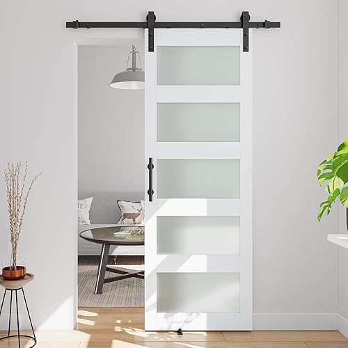 Miniatura 78 de Puerta corrediza de granero de vidrio de 5 paneles de 42 x 84 pulgadas con kit de herramientas de 7 pies incluido, fácil montaje con agujeros