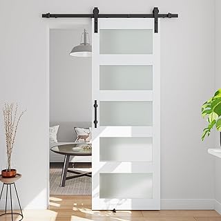 COSHOMER 30in x 80in Glass Barn Door with 5ft Barn Door Hardware Kit & Handle, Pre-Drilled Holes Easy Assembly -Solid Barn Door Slab Covered with Water-Proof PVC Surface, White, 5 Panel