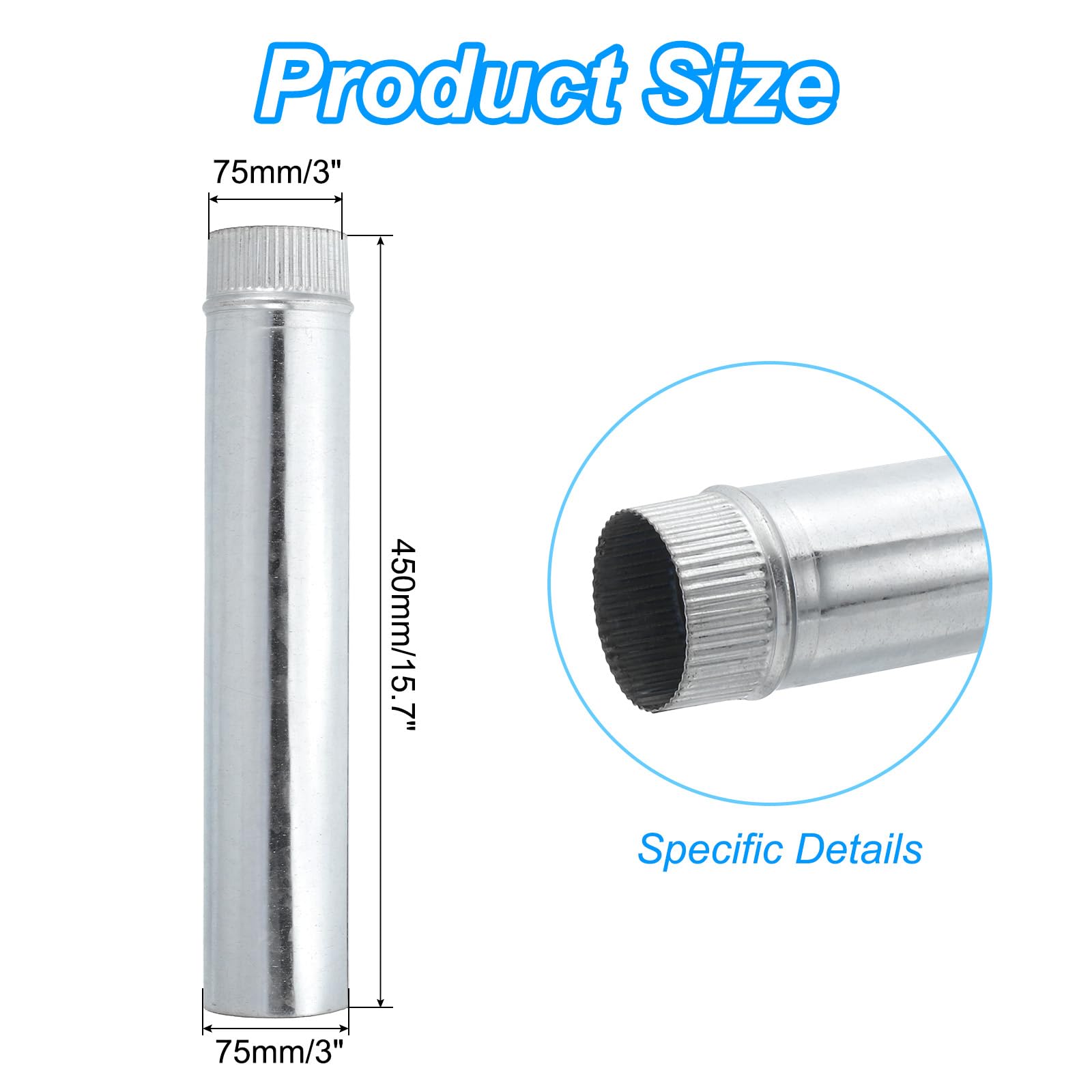 PATIKIL 3" Inch Galvanized Duct, 15.7" Inch Long Furnace Pipe - Image 2