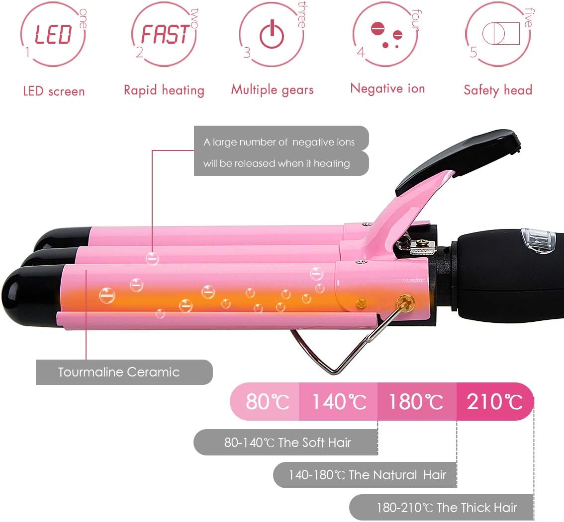 3 Barrel Curling Iron Hair Waver Curling Iron Fast Heating Ceramic Hair Waver Curler 25mm Hair Curling Wand (Pink) : Beauty & Personal Care
