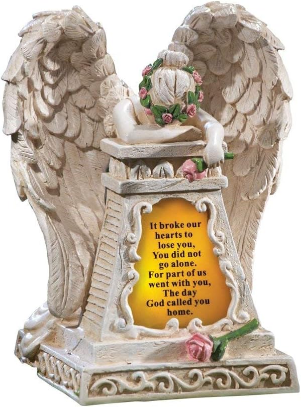 OKSLO Solar Lighted Stone-Finished Weeping Angel Garden Memorial, Beige