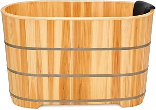Handmade Cedar Deep Soak Tub with Steam Generator, Wooden Bath Tub with Lid, Internal Bench, Footrest & Easy Drain Valve, Heavy-Duty Steel Bands for Long-Term Home Spa Use(39.3")