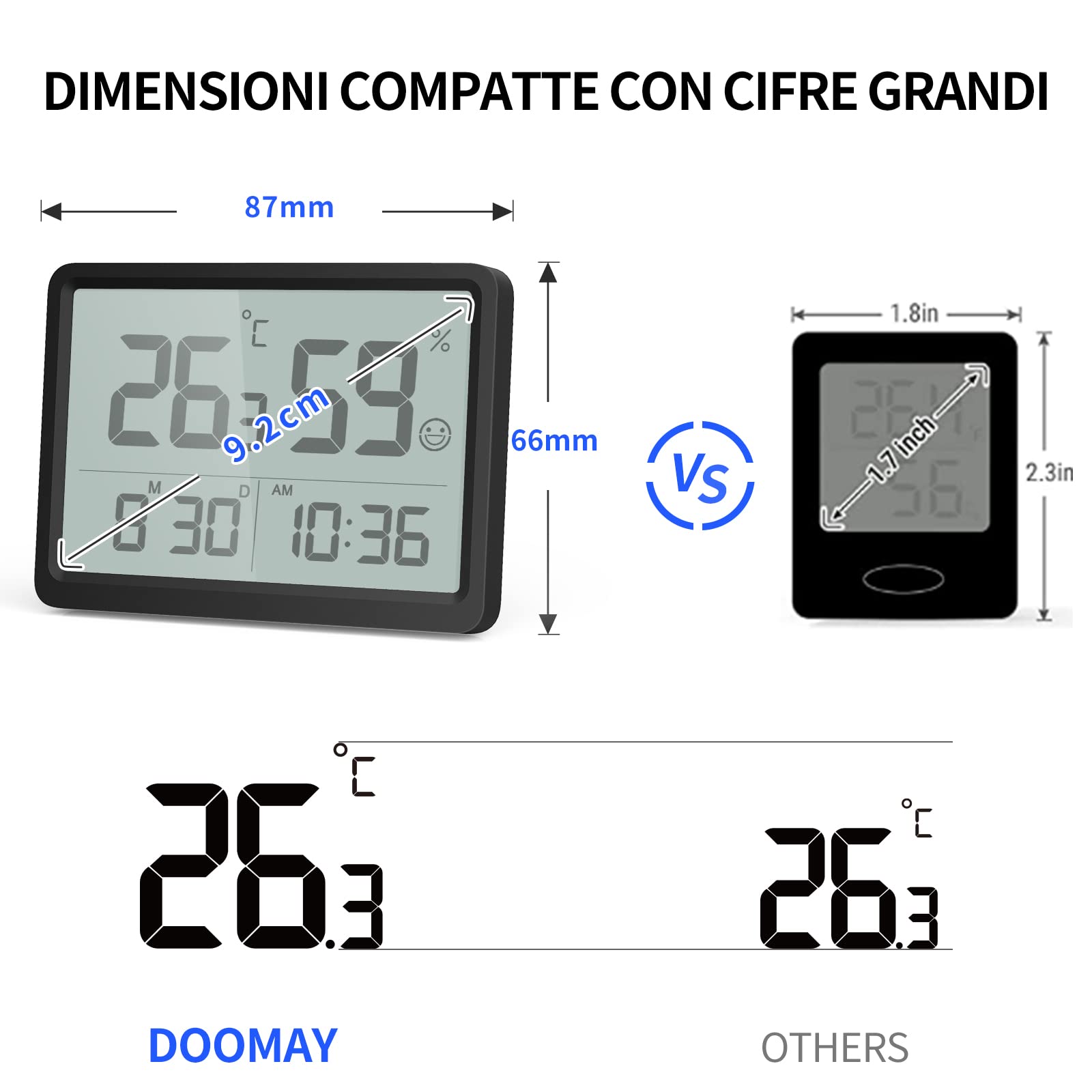 DOOMAY Termometro Digitale Igrometro per Interni: Piccolo e preciso misuratore di temperatura e umidità con grandi cifre LCD e ora data, igrometro ambientale calibrabile per la casa Garage (Nero)
