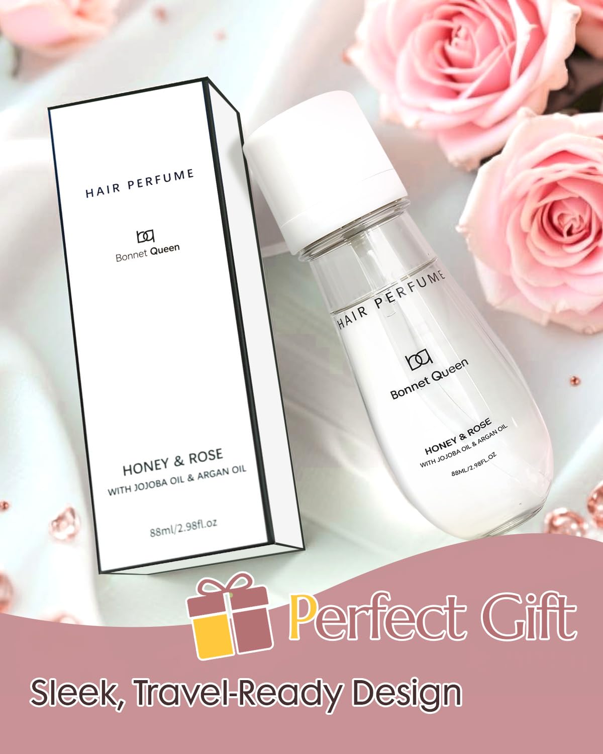 BONNET QUEEN Brume Parfumée Cheveux & Corps Femme Miel et Rose 88 ml – Spray Parfumé Longue Tenue pour Cheveux, Corps et Vêtements, Hydratant, Anti-Frisottis, Brillance Naturelle