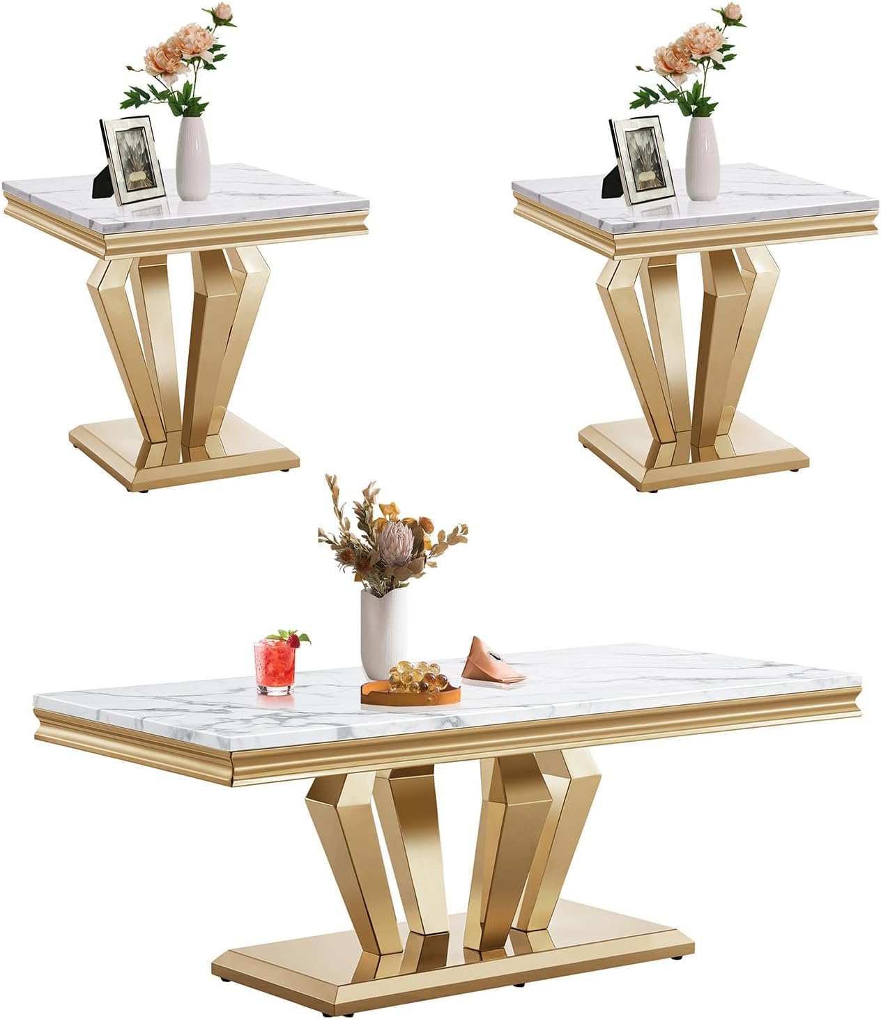 Amazon.com: 3 Piece Marble Living Room Table Set Elegant White Faux ...