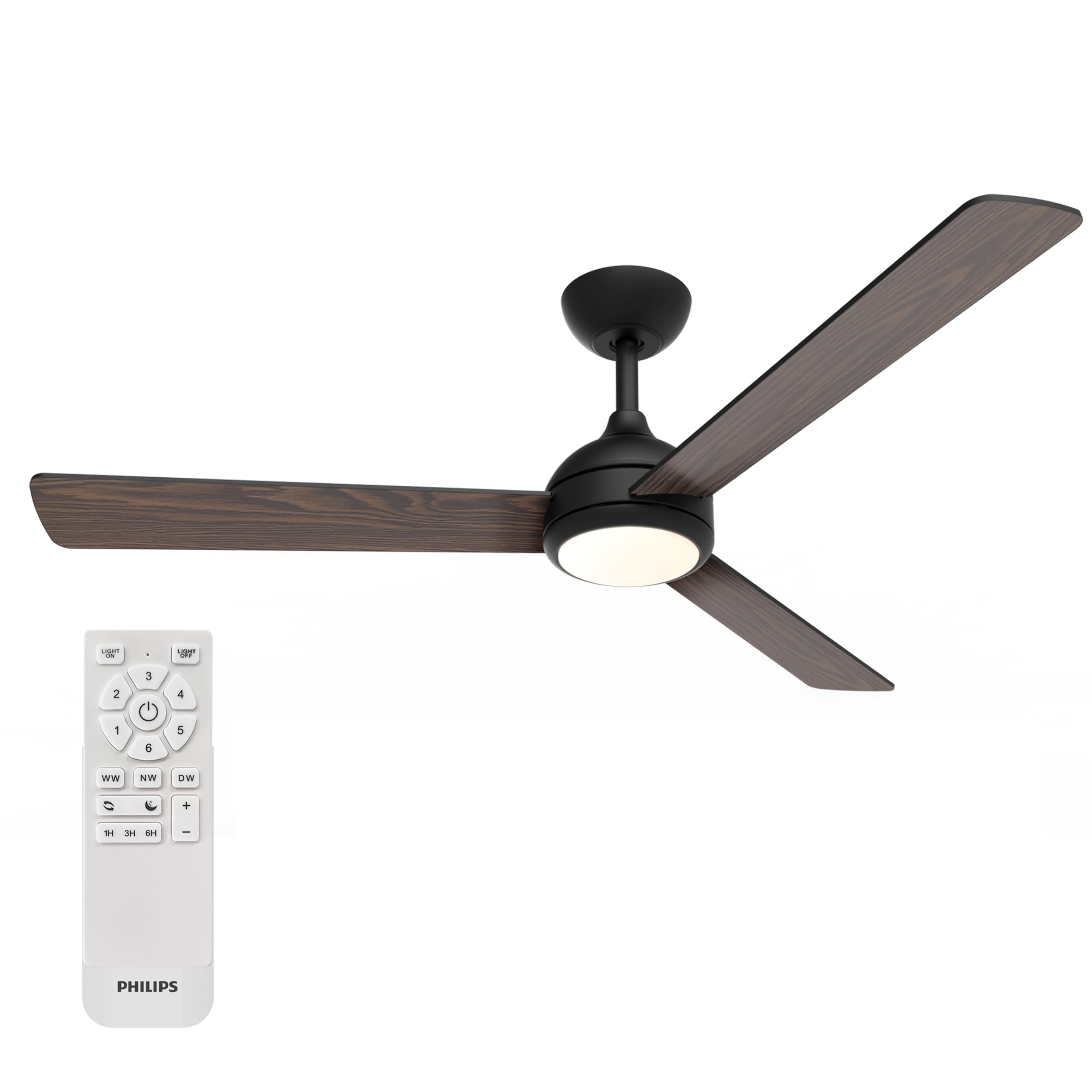 Philips Civx Deckenventilator mit LED-Beleuchtung, 3 Flügel, 132 cm Durchmesser, 2500 Lumen, drei Weißlichttöne (3000 K / 4500 K / 6500 K), dimmbar auf 10%, inklusive Fernbedienung, schwarz/Holz