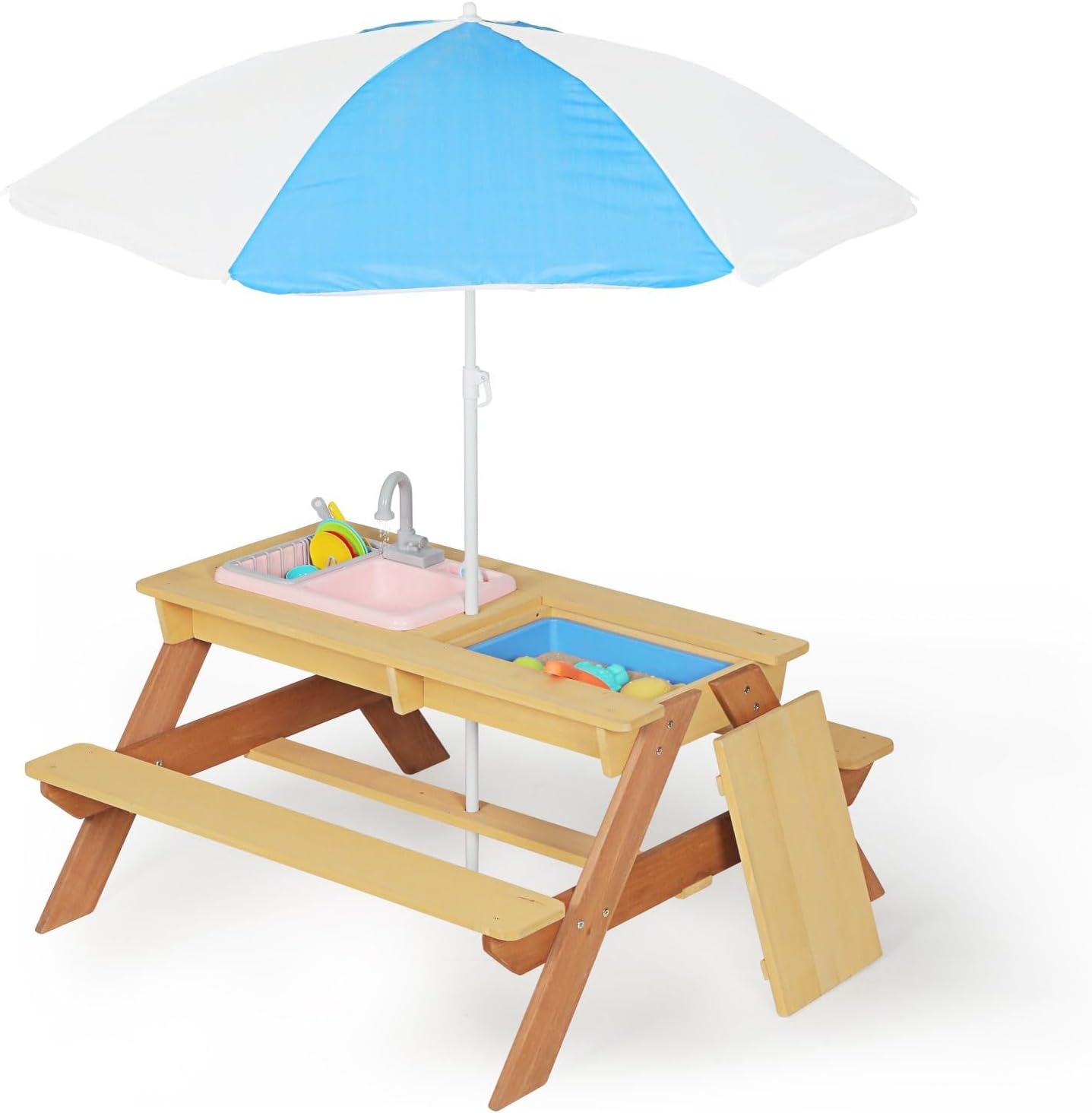 3-in-1 Wooden Picnic Table with Sand Water Activity Bins & Adjustable Umbrella, Cedar Wood Outdoor Backyard Patio Table Seats 4, 37" x 35", 220 LBS Capacity, Reddish Brown,Yellow