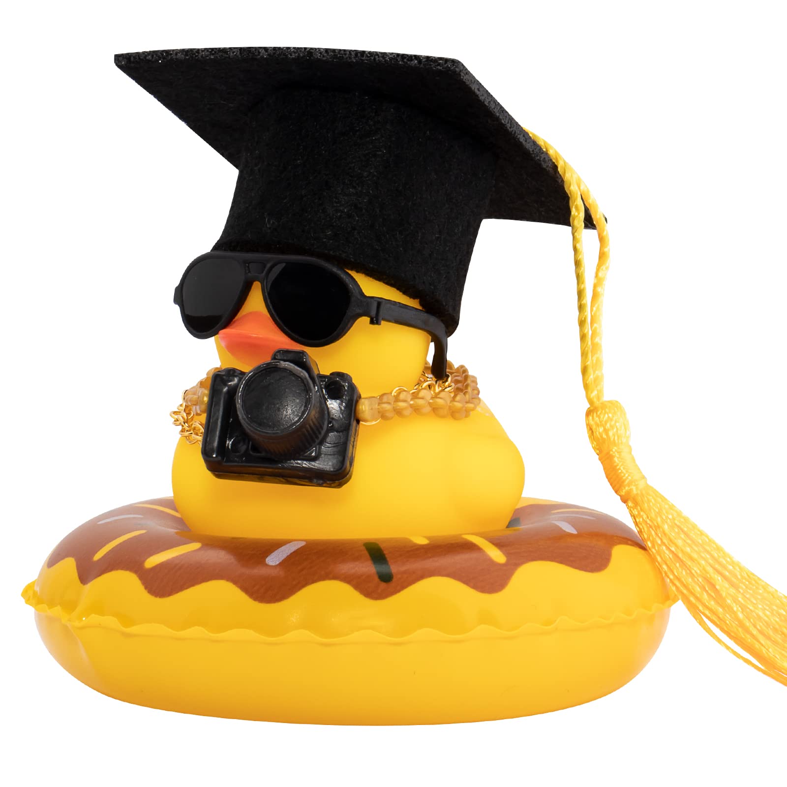 wonuu Rubber Duck Dashboard Decorations Camera Duck Car Accessories for Car Ornament with Mini Hat Swim Ring Necklace and Sunglasses(Graduation Cap)