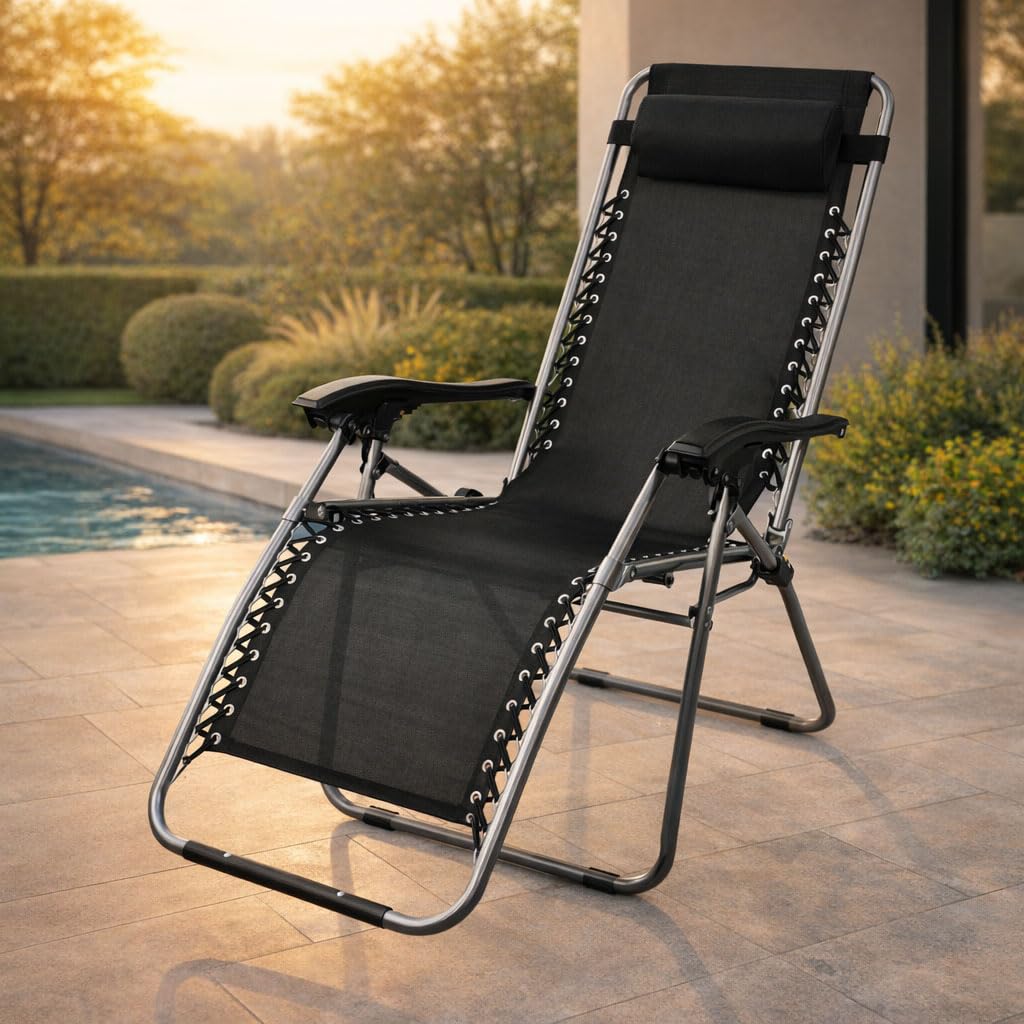 Todeco Chaises Longues Zéro Gravité, Fauteuils Relax de Jardin Pliables en Textilène Respirant avec Repose-Tête, Dossier Inclinable Multiposition, Bain de Soleil Terrasse Balcon Piscine, Noir