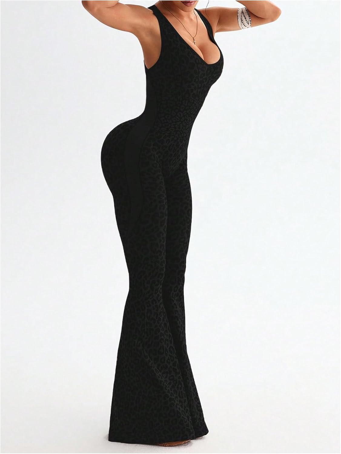 WDIRARA Women's Leopard Print Scoop Neck Flare Yoga Jumpsuits Twist Backless Sleeveless Sports Pants Romper - Image 3