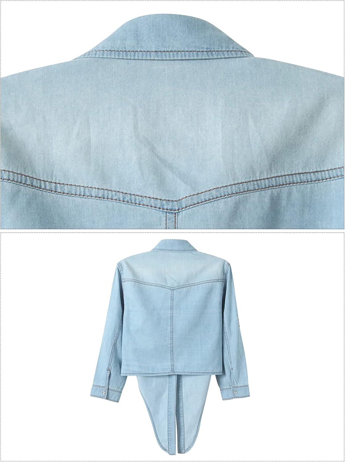 Women's 3/4 Sleeve Front Tie Shirt Denim Shirt Crop Cardigan Jean Crop Top Chambray Knot Shirt - Image 5