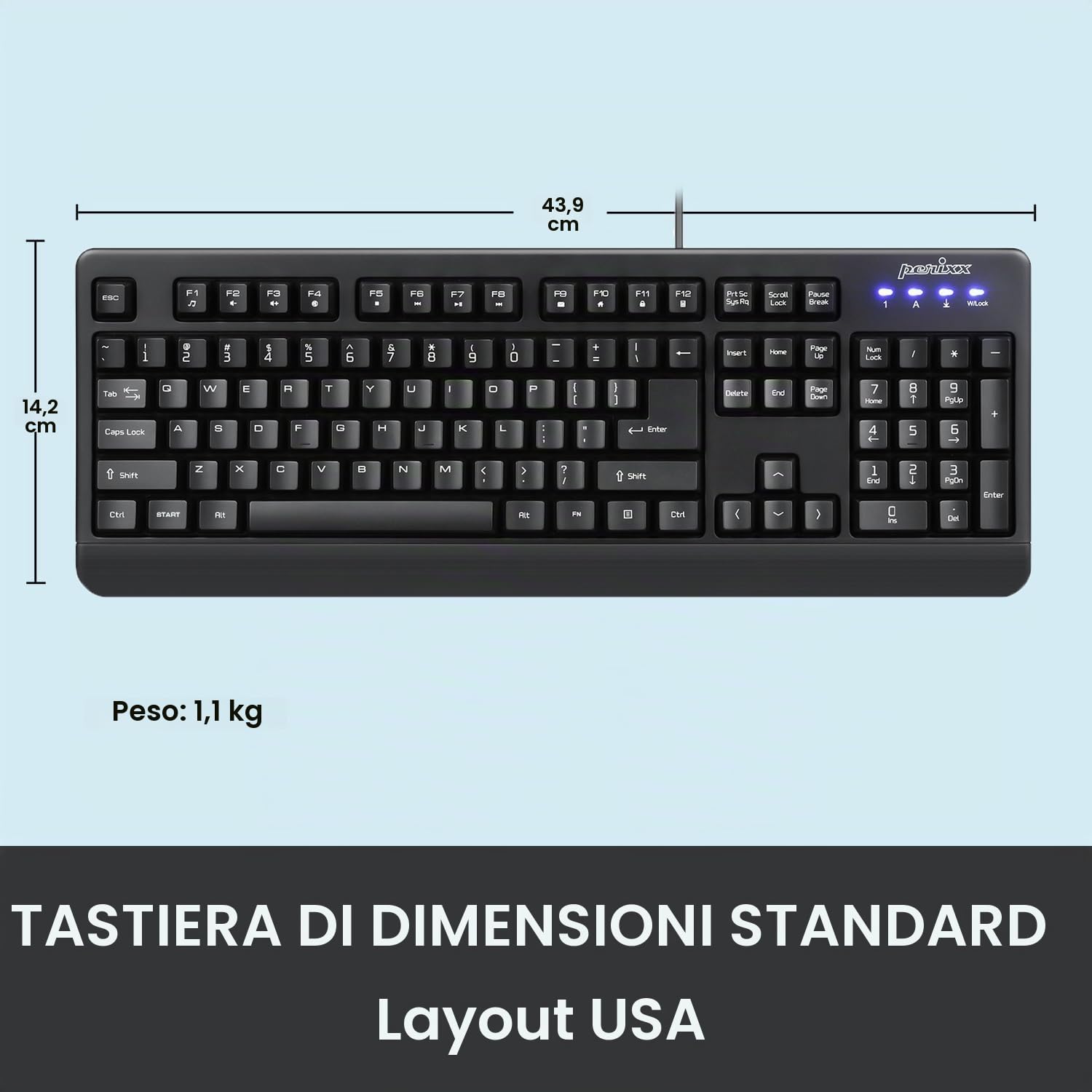 Perixx PERIBOARD-517 Tastiera Impermeabile - IP 65 - con Filo - Ideale per Uso Medico e Industriale - Nero - US English Layout