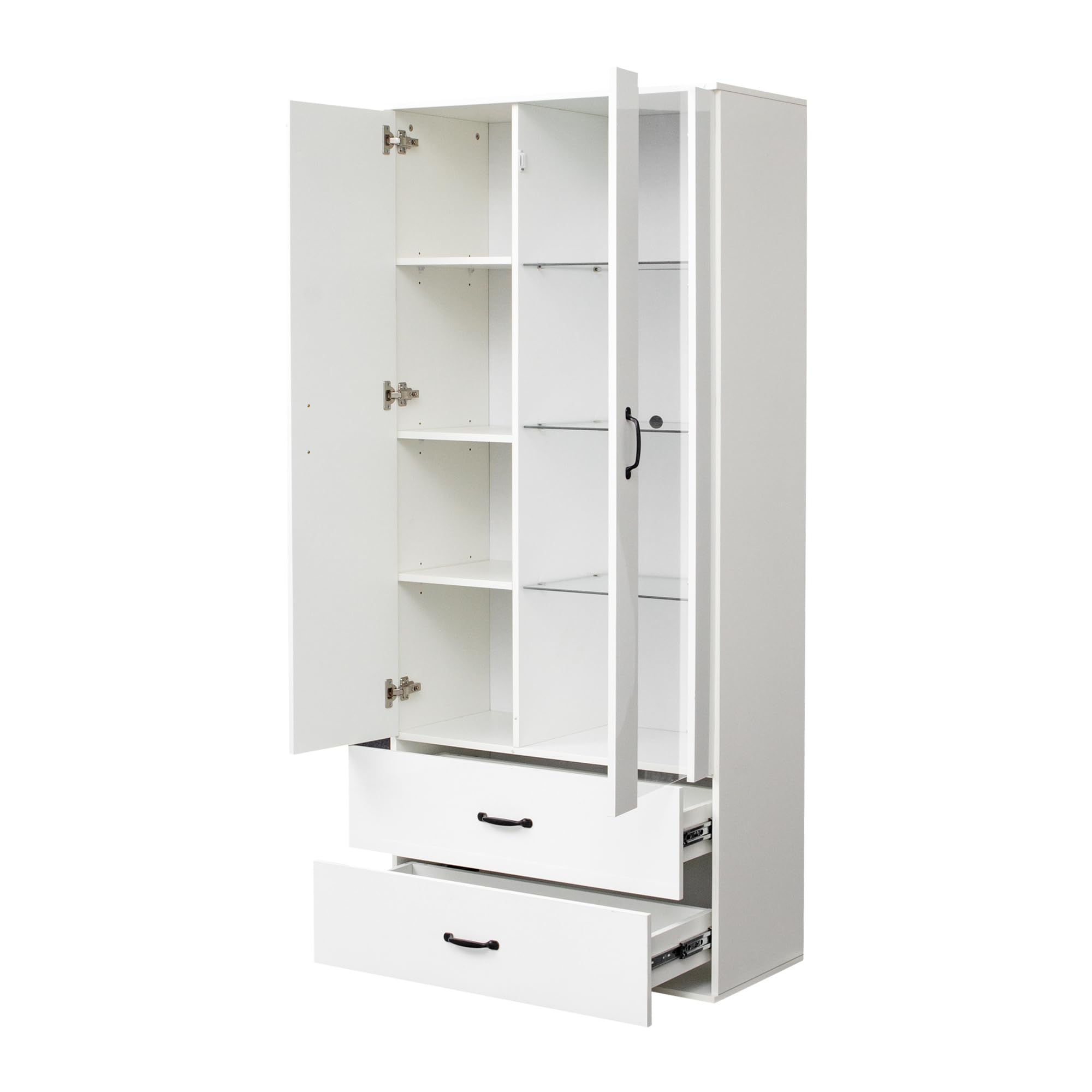 Vitrina iluminada por LED de 16 colores, 2 puertas, 2 cajones con puertas de cristal, vitrina de pie con LED blanca, para salón, pared de salón, vitrina LED, armario de buffet, estantería alta,