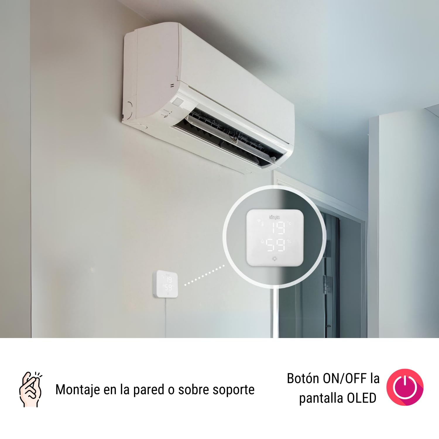 Konyks Climpac - Termostato de Red Wi-FI para Aire Acondicionado y Bomba de Calor, Control Remoto, Control por Voz, termómetro e higrómetro