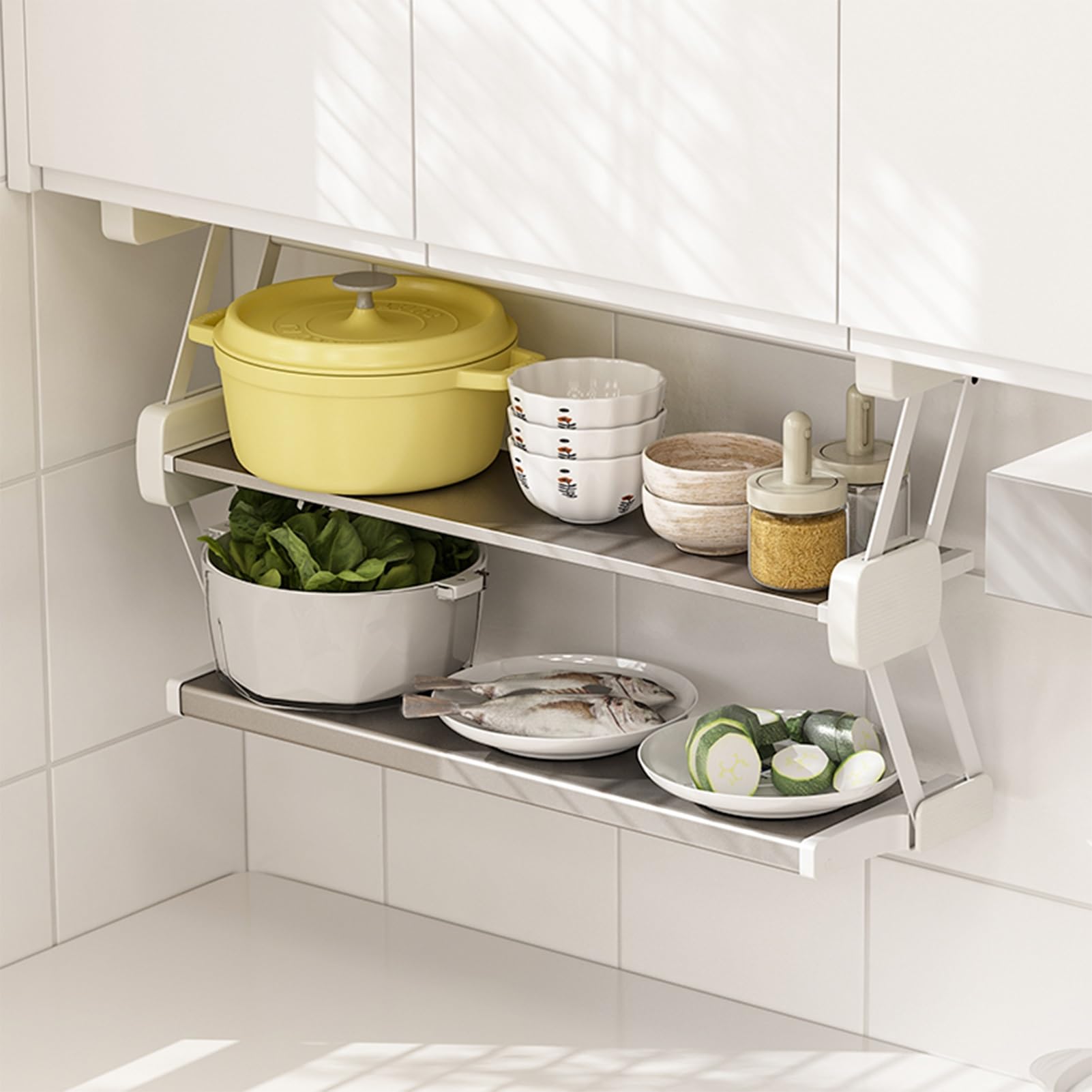Aserzenith 2 Tier Lifting Pull Down Shelf, Stainless Steel Drop Down Spice Rack, Retractable Dish Rack For Under Hanging Cabinet, Bear 10Kg/22Lbs