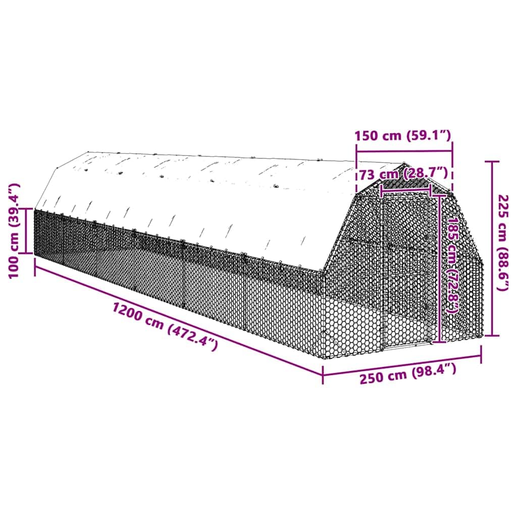 Gallinero con techo, 2,5 x 12 x 2,25 m, de acero galvanizado, 30 m², gran cercado para aves de corral, para pollos, patos, gansos y conejos, con puerta con cerradura