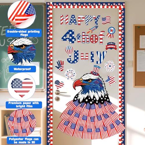 Image of 4th of July Bulletin Board Decorations Set, USA Patriotic Decor with Red White Blue Flags Board Border Paper Firework, Independence Day Cartoon for Memorial Veterans Day Classroom Door Party Supplies