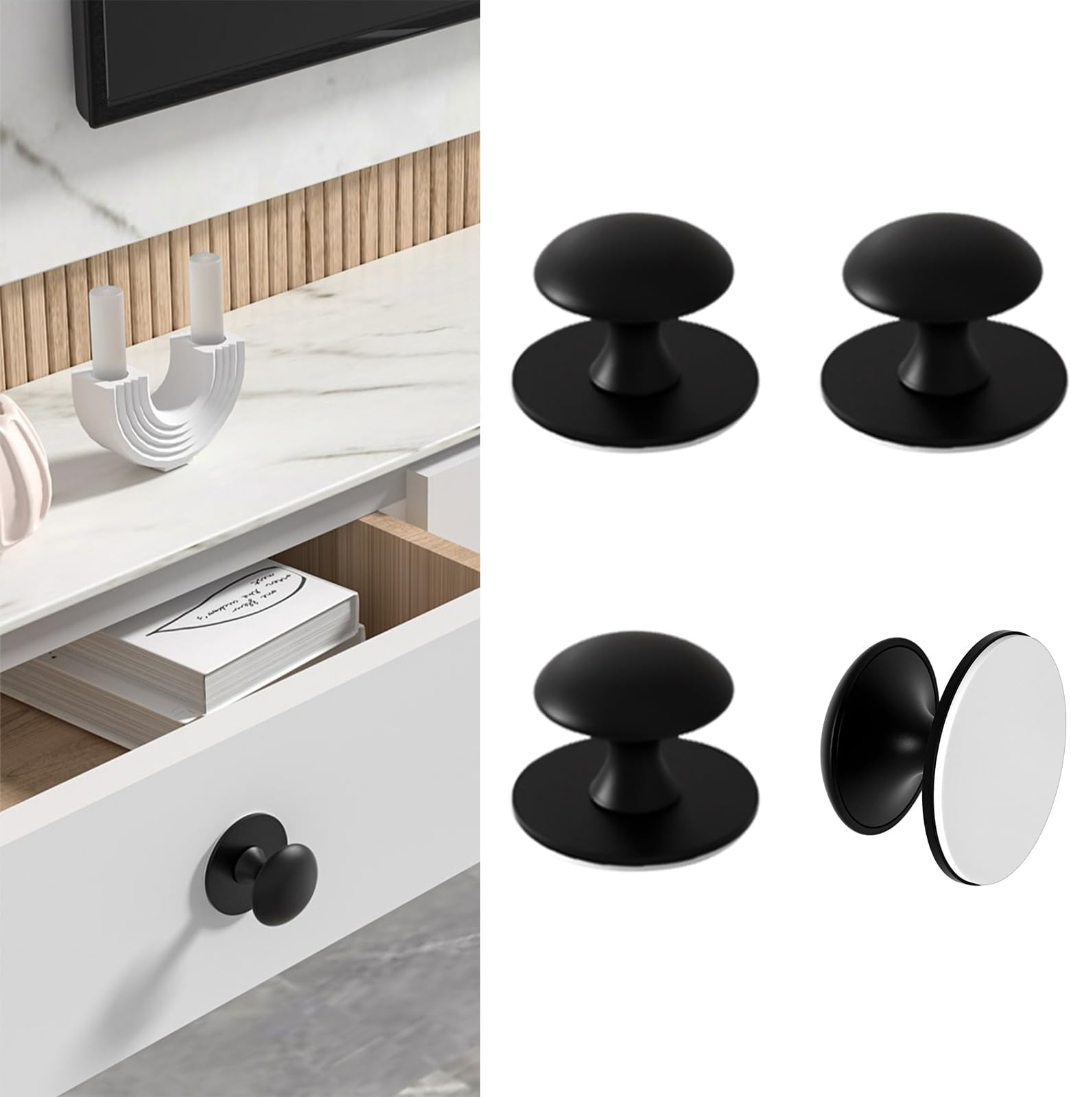 Pack of 4 Self-Adhesive Knobs for Cupboard, Black, Self-Adhesive Cabinet Knobs Made of Stainless Steel, Knob for Sticking for Drawers, Shower Door, Mirror Cabinet, Glass Door, Door Knob, No
