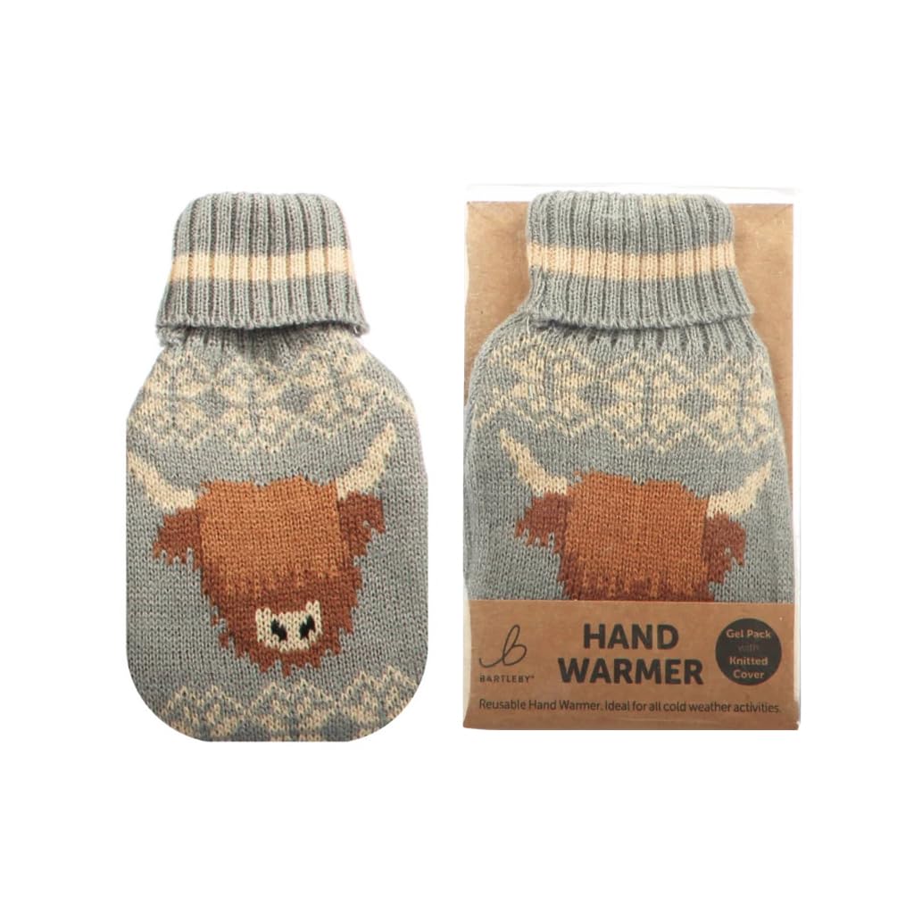 1 x Hand Warmer Pocket-Size With Knitted Cover Cute Designs (Light Blue Highland Cow)