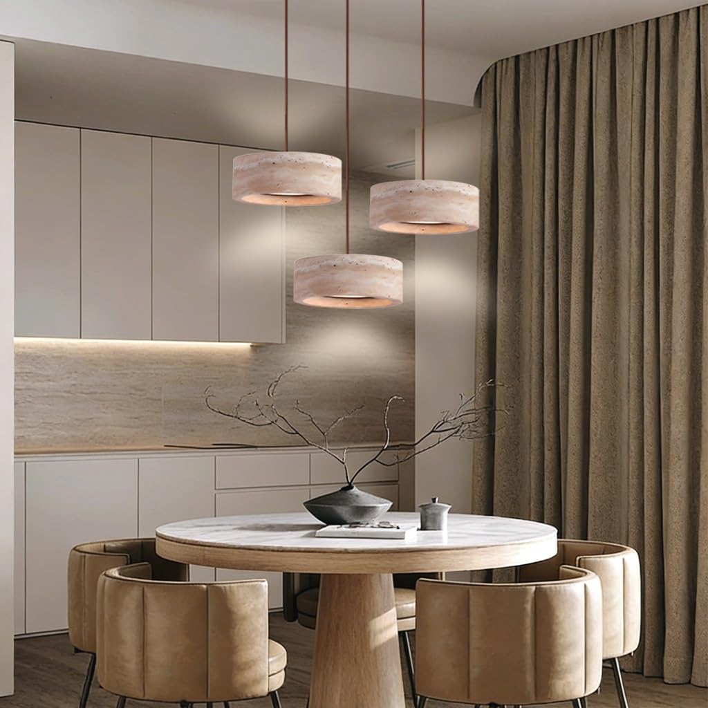 Moderne Gelbe Travertin Pendelleuchte Nordische Naturstein Hängelampe In Zylindrischer Form LED Holz Deckenleuchte Wabi-Sabi-Stil Geeignet Für Schlafzimmer Esszimmer Kücheninsel Wohnzimmer(A2)