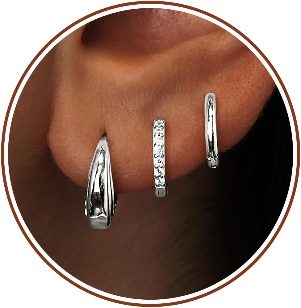 Small Sterling Silver Huggie Hoop Earrings Set for Women, Hypoallergenic 14K Gold Plated Hoops Stacks for Multiple Piercings, Dainty Cute Mini Lightweight Cartilage Studs Trendy Jewelry Gift