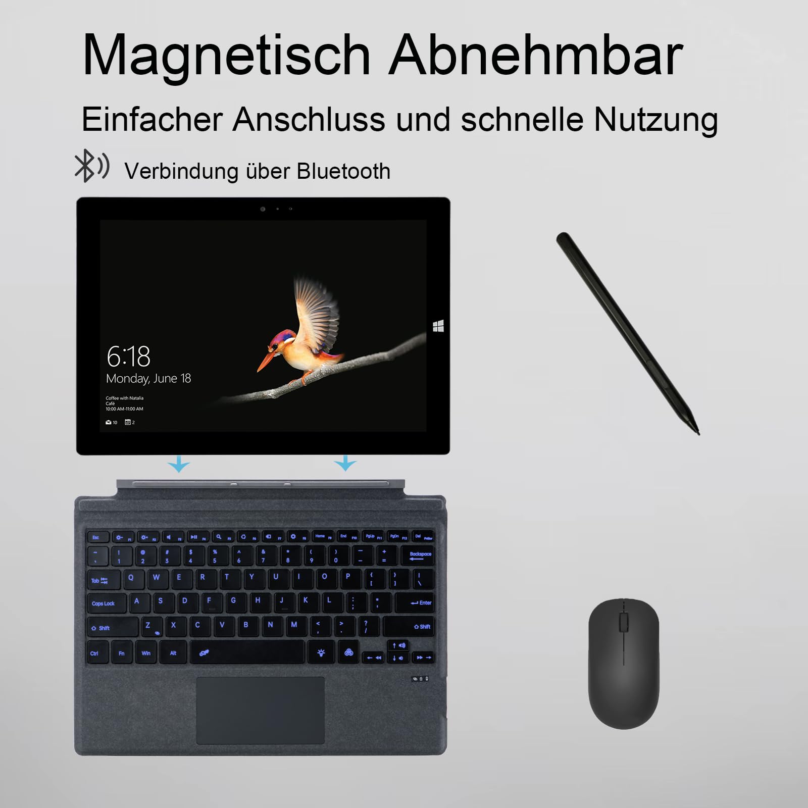 Clavier Bluetooth pour Microsoft Surface Pro Copilot+ PC (11e édition), compatible avec Pro 8 Pro 9 Pro 10/ Pro X Pro 11 génération, QWERTZ, trackpad, chargement USB, allemand, noir