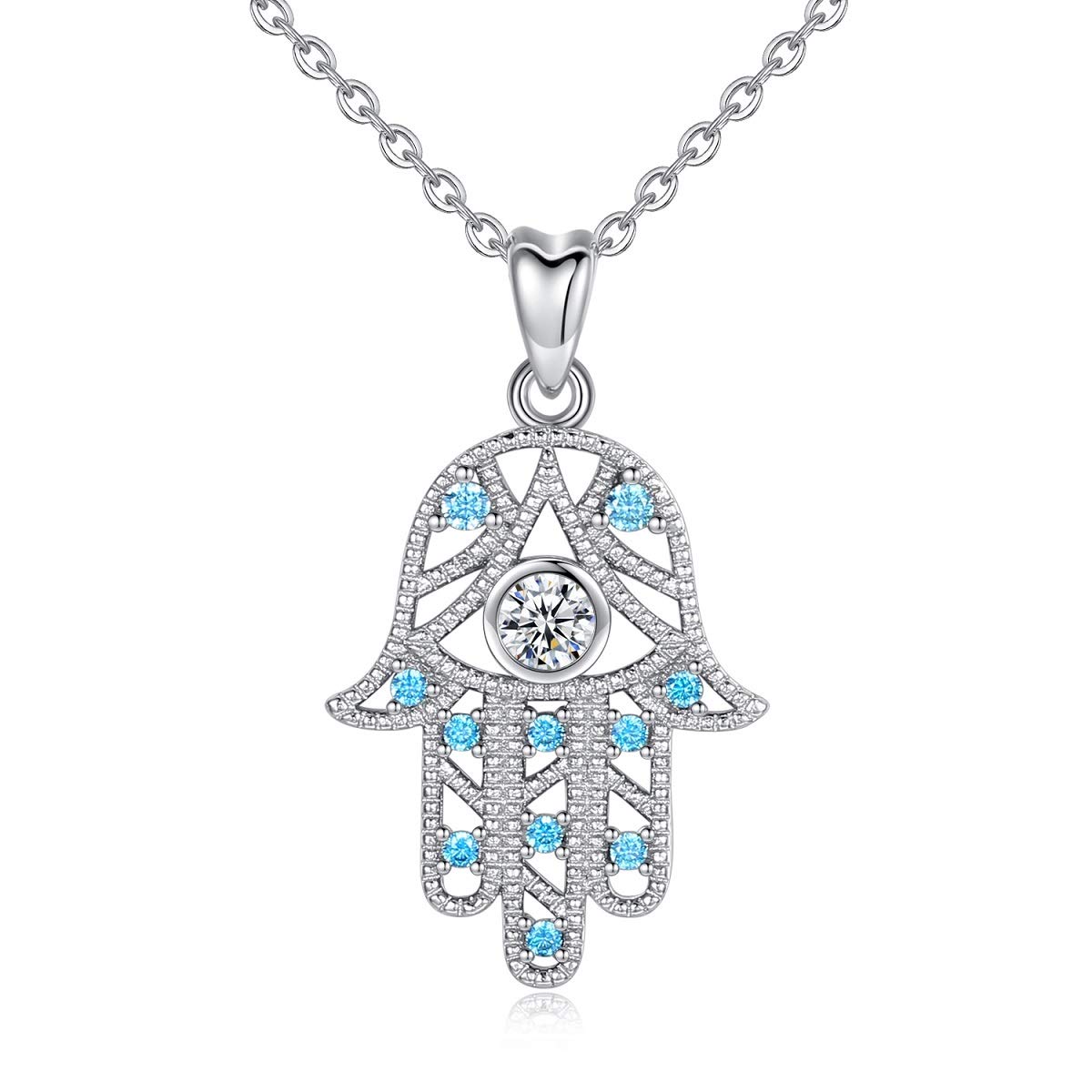 CELESTIA Hamsa naszyjnik do rąk srebro próby 925 Ręka Fatimska wisiorek z łańcuszkiem, szczęśliwa biżuteria prezenty dla dziewcząt i kobiet e srebro wysokiej próby