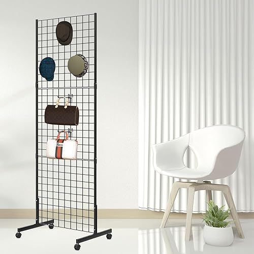 Miniatura 2 de Paquete de 2 paneles de pared de rejilla de 2 x 5 pies, 6 piezas con base en T, estantes de pared de rejilla de alambre negro con ruedas, estante de