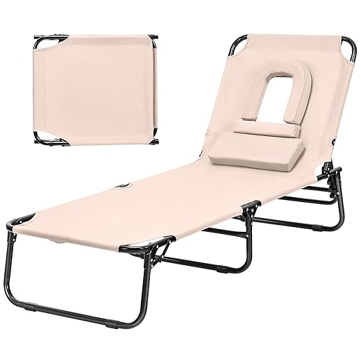 Giantex Outdoor Chaise Lounge Chair - Folding Beach Chair with 5 Adjustable Positions, Hole, Detachable Pillow, Hand Ropes, Lounger for Sunbathing, Poolside, Yard, Patio Lawn Chair (1, Beige)
