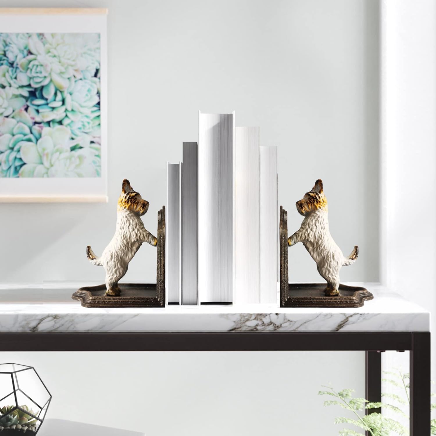 Decorative Bookends - Cast Iron Dogs Sculptural Bookend Pair - Heavy Duty Dog Statue, Vintage Shelf Décor