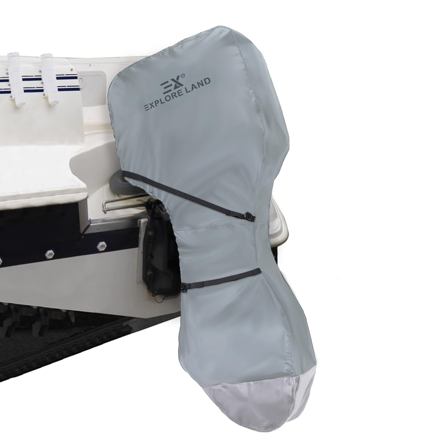 Explore Land Fade Resistant Full Outboard Motor Cover - Waterproof 600D Heavy Duty Boat Engine Covers Fit for Motor 30-60 HP, Grey