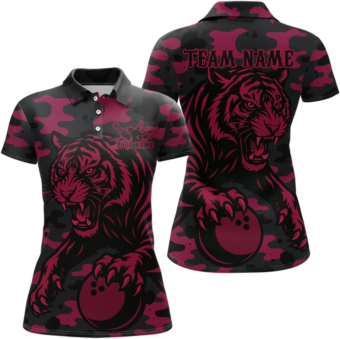 Pink Tiger Bowling Shirts for Team Women Men Custom Bowling Jerseys Camo Tiger Bowling Polo and 1/4 Zip Shirt Personalized