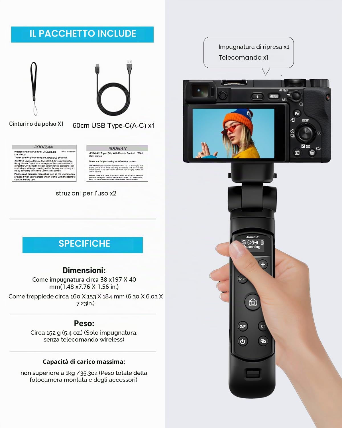 Aodelan Treppiede Sony con telecomando ricaricabile con schermo OLED | Mini treppiede senza fili per Vlogging per ZV-E10, ZV-1F, RX100 VII, a6100, a6400, a7 III, a9 II; sostituisce Sony GP-VPT2BT