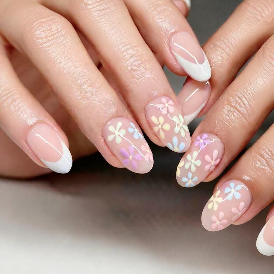 24PCS Cute Oval Press on Nails Set - Nude Gel Fake Nails with Pas...