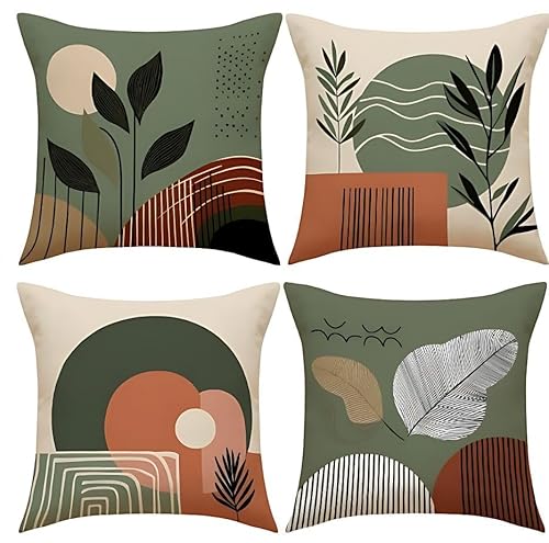 Hopomoon Sage Green Cushion Covers 45x45cm Set of 4, Abstract Boho Leaf Throw Pillow Cases, Super Soft Decorative Pillowcases for Sofa Living Room Bedroom