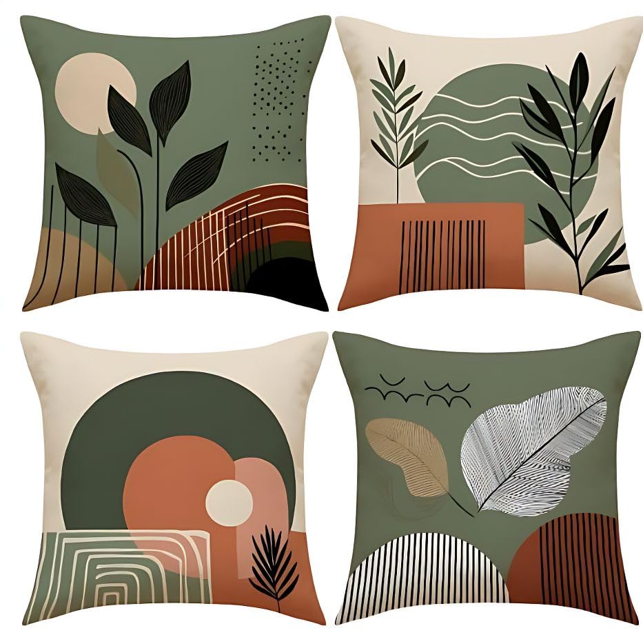 Hopomoon Lot de 4 Housse de Coussin décoratif 45x45 bohème, Motif géométrique Feuillage Vert Sauge Terre Cuite, déco Moderne pour canapé et Salon Maison