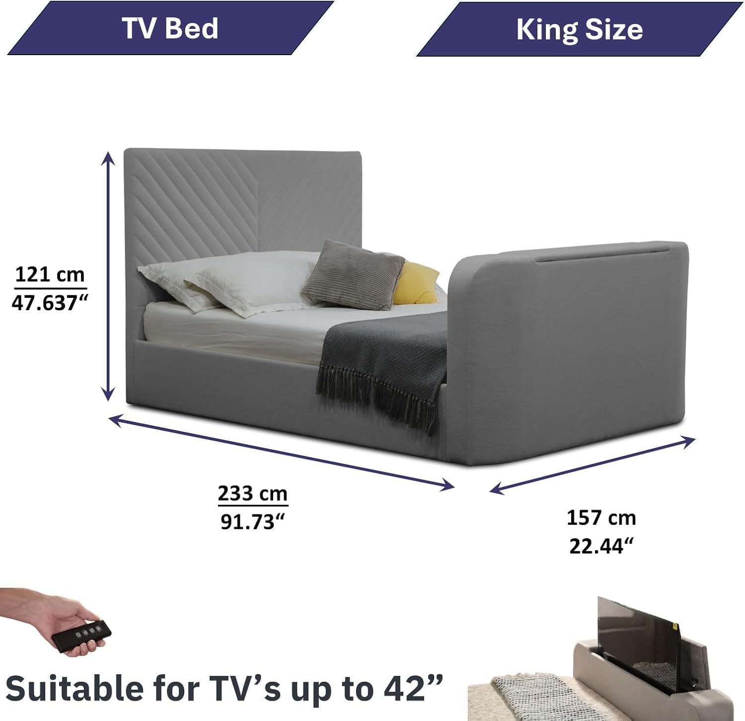 Home Treats King Size Ottoman TV Bed With Pocket Sprung Mattress | Grey Velvet Smart Bed With Remote Control TV Footboard Operation | Gas Lifting Underbed Storage (King Size - Pocket Sprung Mattress)