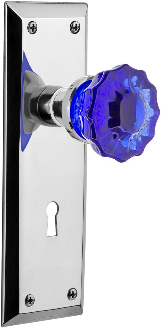 Nostalgic Warehouse 722952 New York Plate with Keyhole Single Dummy Crystal Cobalt Glass Door Knob in Timeless Bronze
