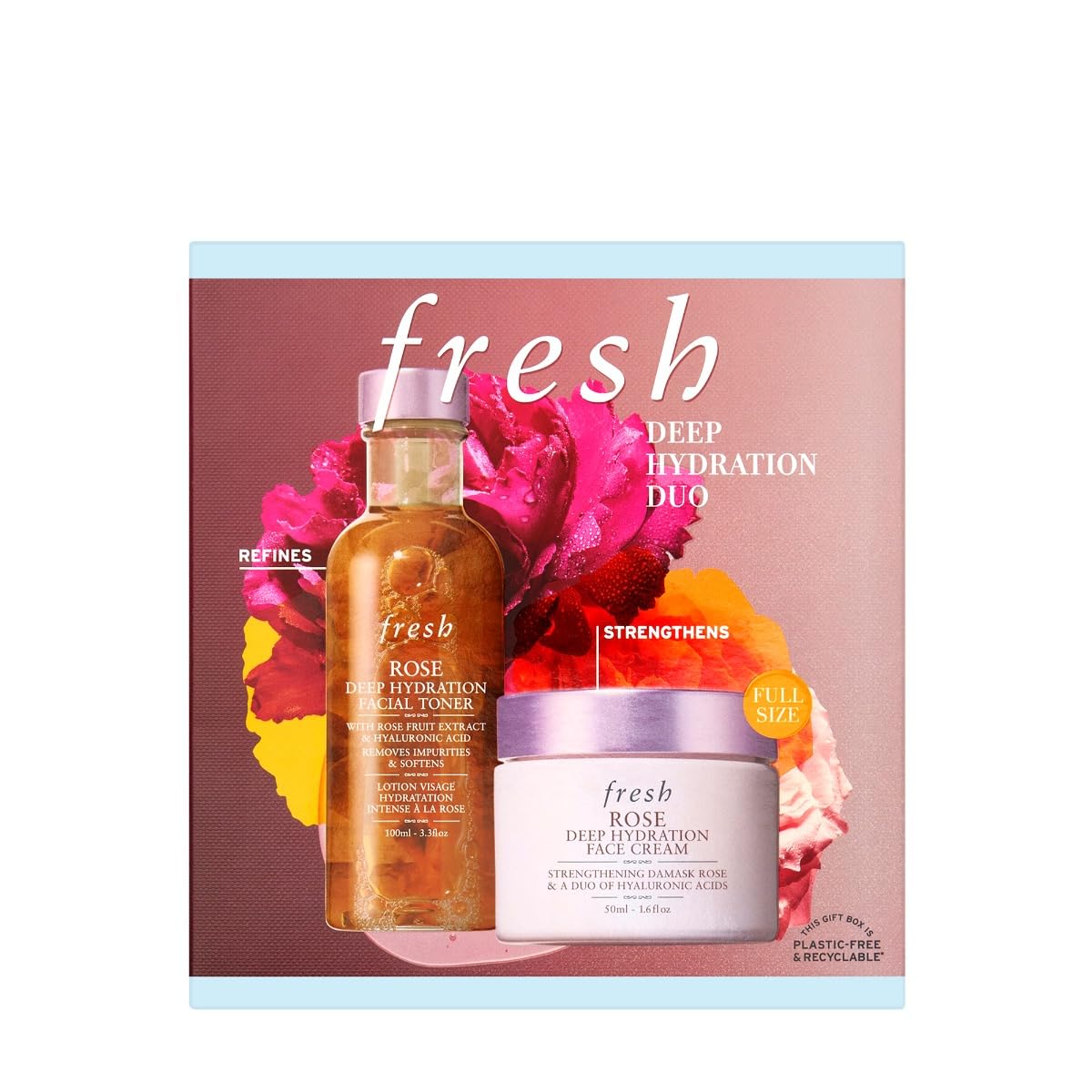 Deep Hydration Duo by Fresh for Women - 2 Pc 3.3oz Rose Deep Hydration Facial Toner, 1.6oz Rose Deep Hydration Face Cream