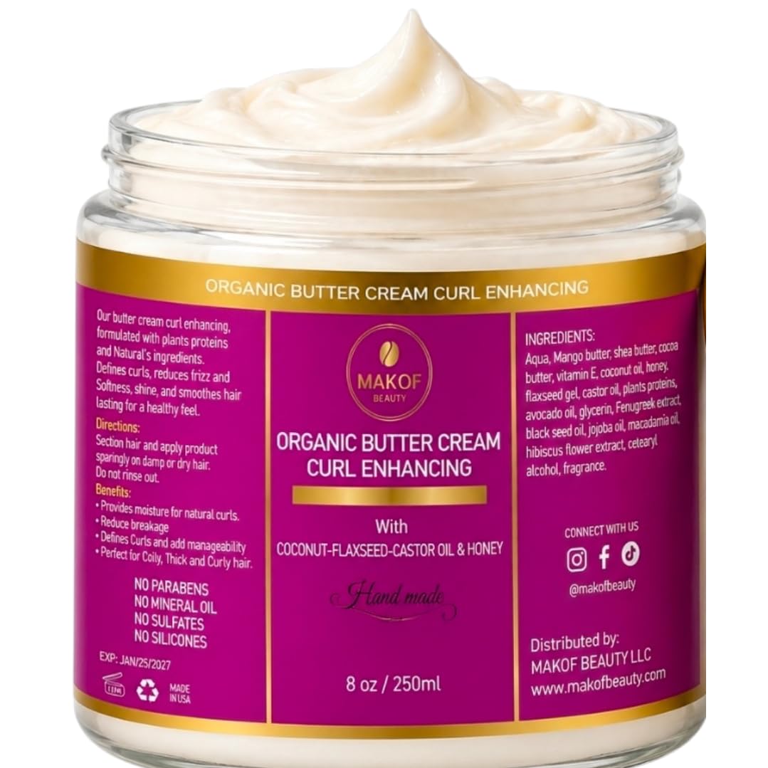 Organic Coconut Curl Enhancing Cream with Flaxseed, Black Castor Oil. Curls Detangler, Moisture-rich, Curl Revival Cream. Anti-Frizz, Defines All Curl Types & textures. Sulfate & Parabens free. 8 oz