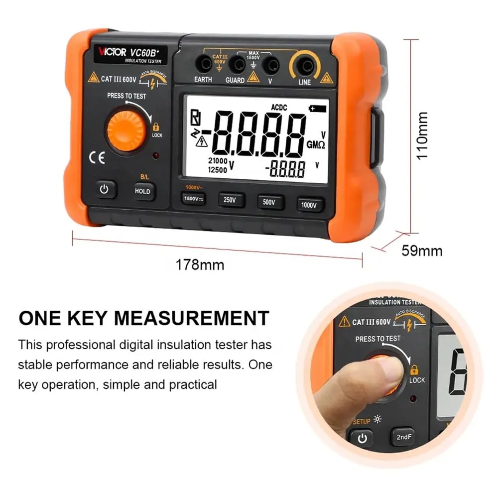 Victor Ohm Meters VC60B+ Digital Insulation Rresistance Tester Megohmmeter, DC AC Voltage Testing 20-1000V, 5%+5 Resistance Accuracy, 5000 Count (Victor VC60B+)