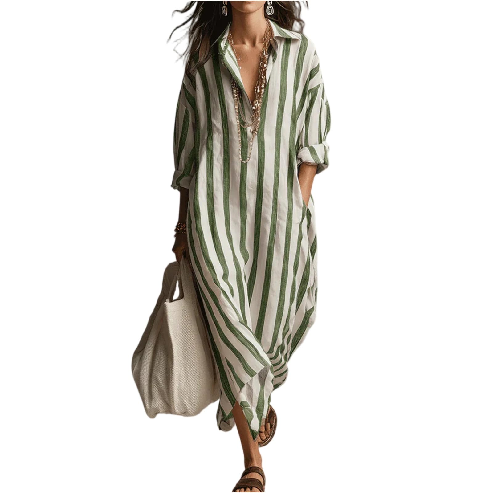 MOKBAY Vestidos Verano Mujer 2026 Cuello V Manga Larga Boho Playeros Elegante Summer Dresses for Women Frescos Beach Casual Chic Playa Sueltos Dress