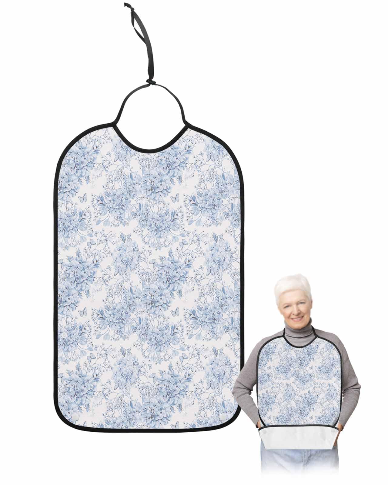 LEOKOTI Blue Spring Floral Adult Bibs for Eating, Waterproof Bibs with Food Catcher & Adjustable Snap Closure, Watercolor Elegant Summer Botanical Washable Clothing Protectors Adult Bibs for Elderly