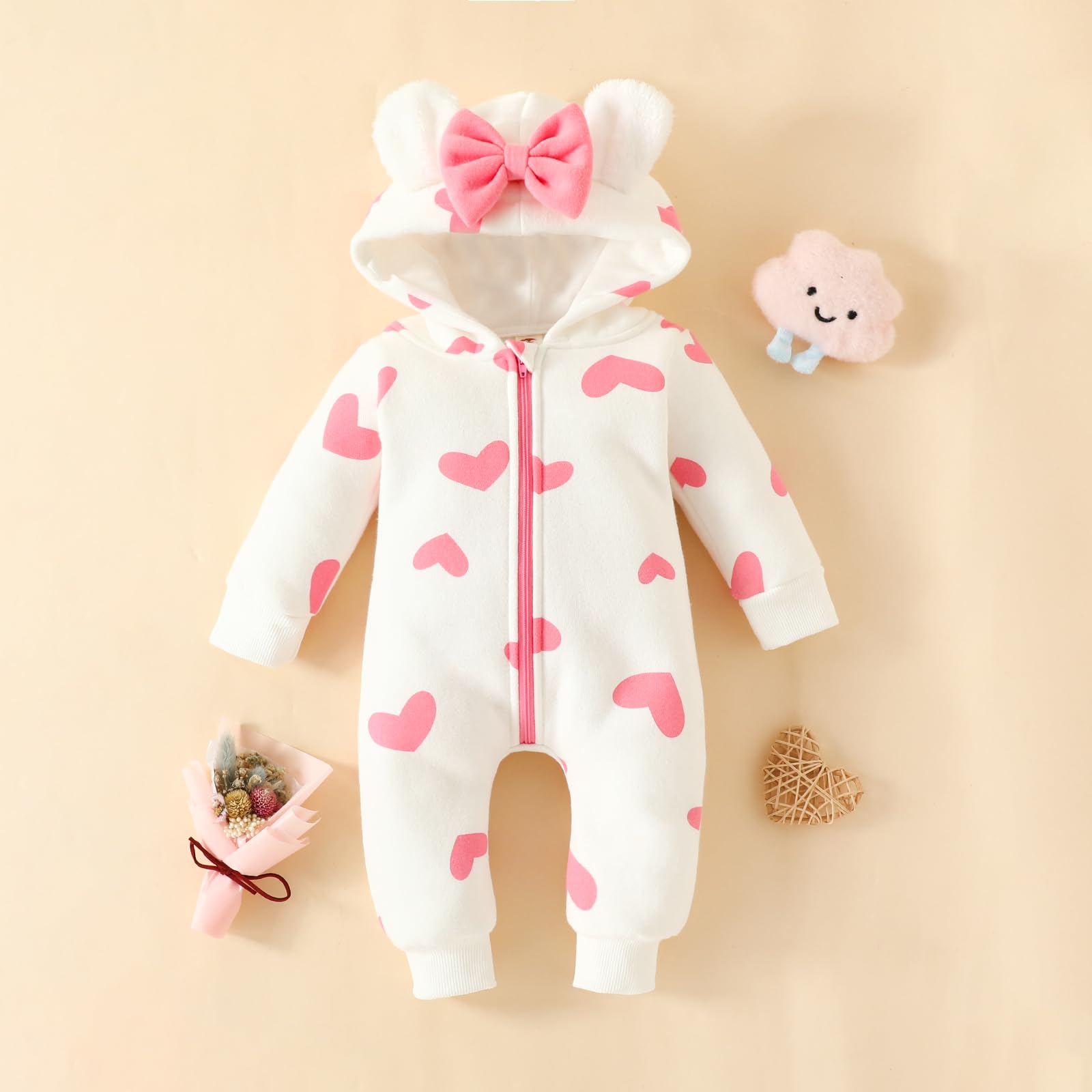 Newborn Baby Girl Hooded Jumpsuit Heart Cow Zip Up Long Sleeve Infant One Piece Romper Snowsuit Valentines Day Outfit (Heart Pink, 0-3 Months)