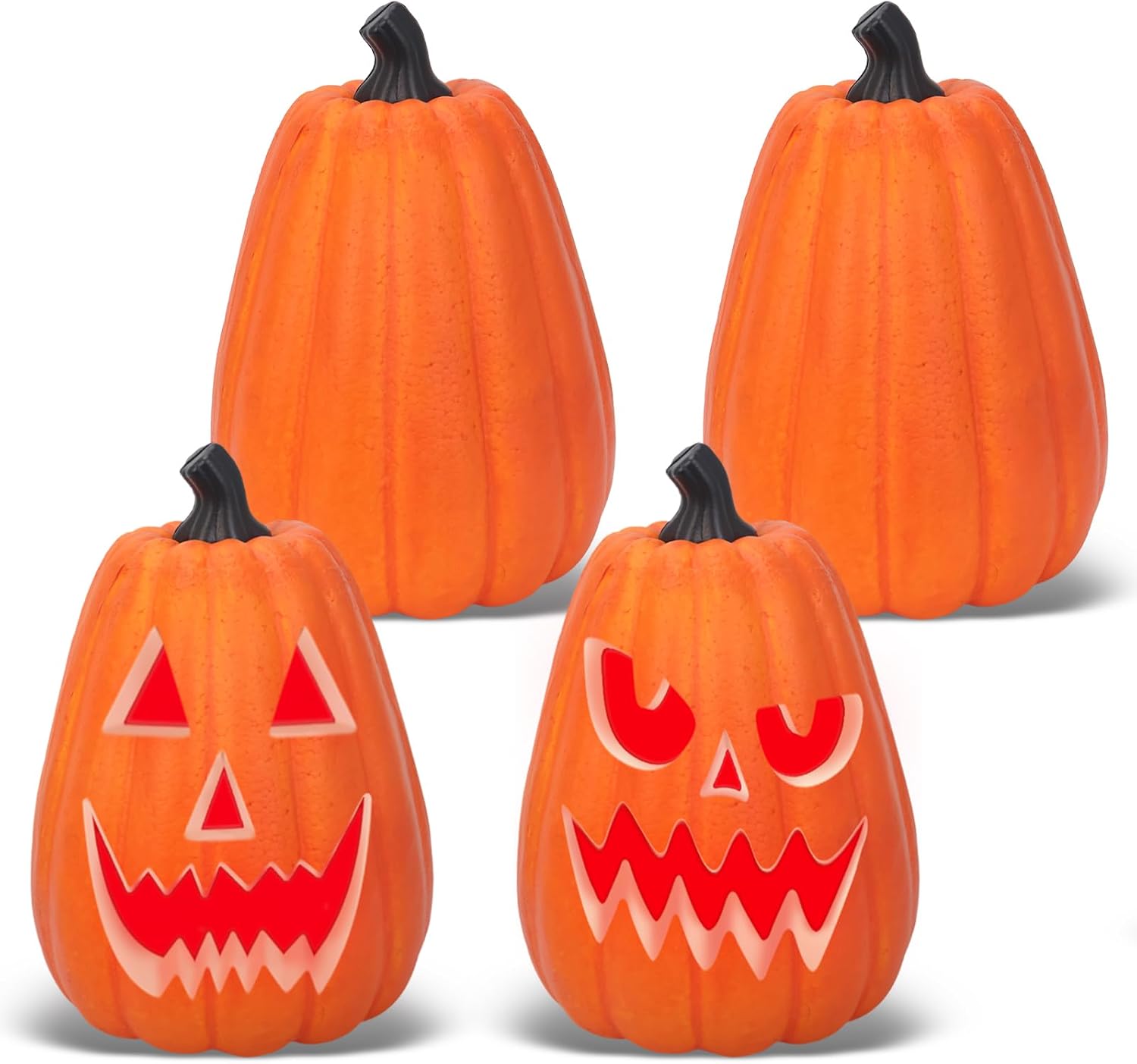(Incomplete) Lanpn 8 Inch Halloween Carvable Pumpkin 4 Pcs, Large Light up LED Artificial Foam Tall Carved Pumpkins Jack O Lantern with Emoji Templates Paints for Fall Autumn Thanksgiving Harvest Indoor Decor Style B 6x8 Inch/4P