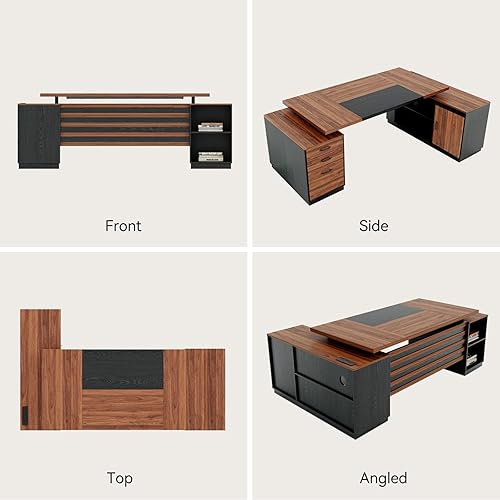 Miniatura 7 de Escritorio ejecutivo en forma de L con cajones, escritorio grande de oficina en casa de 78 pulgadas con toma de corriente y archivador lateral, mesa