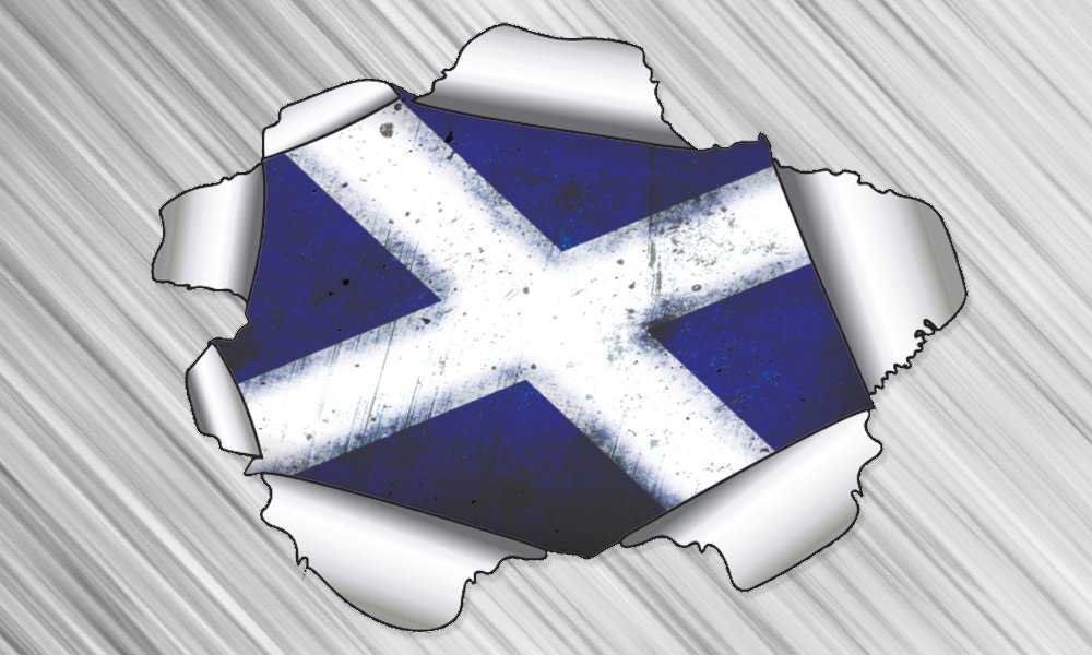 Cool Torn Metal Effect Scottish Saltire Flag - Vinyl, car, Sticker 125 millimeters by 95 millimeters.